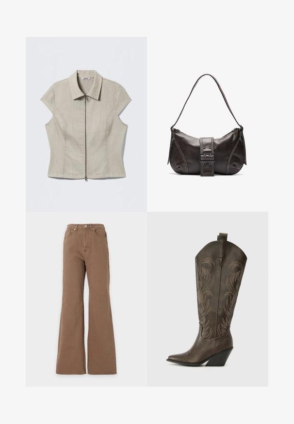 Chemise beige à manches courtes avec col et fermeture éclair centrale, coutures ajustées, et une étiquette indiquant « WEEKDAY » à l'intérieur du col.; Jean marron taille haute avec jambe évasée, fermeture par boutons sur le devant, poches avant et arrière, présenté sur un fond uni.; Botte de cowboy en cuir marron avec un embout pointu, un talon compensé et des broderies décoratives. Dispose d'un long tige et d'une languette de tirage.; Sac à épaule en cuir marron avec une forme courbée, présentant un détail de boucle proéminent, des coutures contrastantes et une seule bandoulière.