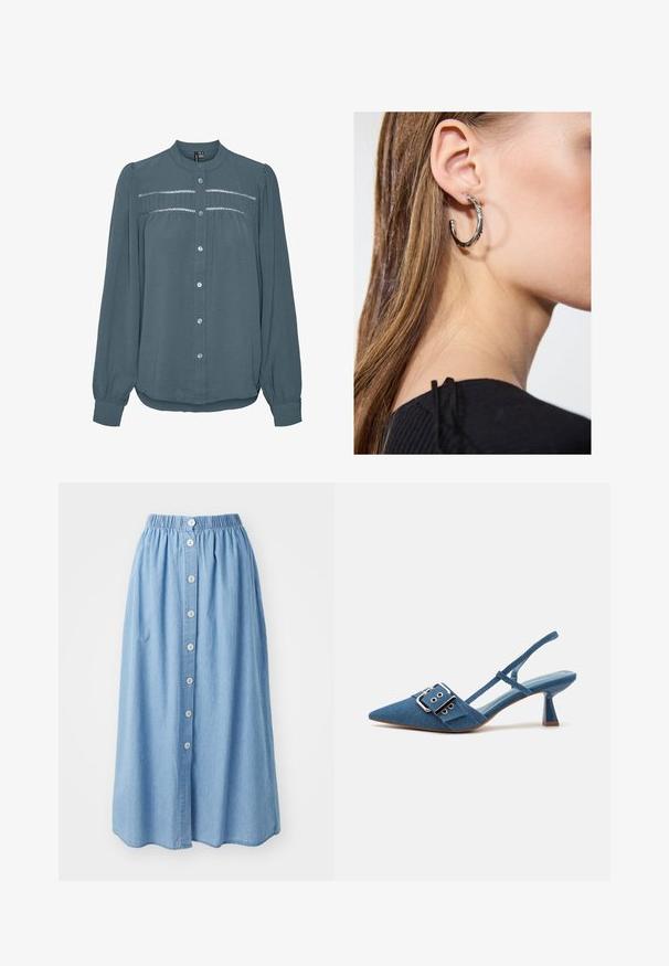 Blouse met lange mouwen in teal, knoopsluiting aan de voorkant, ronde kraag, geplooide inzet met kantdetail over de borst en manchetten aan de mouwen.; Lichtblauwe denim rok met een elastische tailleband en een rij van zes knopen aan de voorkant. Knie-lang met een losse, vloeiende stijl.; Denim slingback pumps met een spitse neus, verstelbare gespstrap en een glanzende blauwe hak. Glad textuur met een lichtblauwe inlegzool.; Zilveren oorbel met een gepolijste afwerking, met kleine gouden accentdetails en een ronde vorm, gedragen op de oorlel.