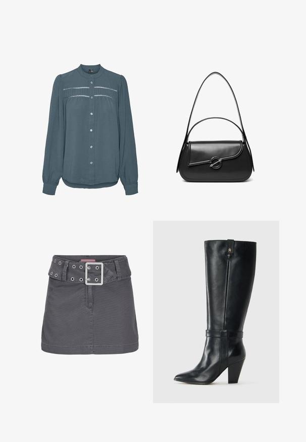 Blouse met lange mouwen in teal, knoopsluiting aan de voorkant, ronde kraag, geplooide inzet met kantdetail over de borst en manchetten aan de mouwen.; Grijze katoenen mini-jurk met een brede riem met zilveren oogjes en een vierkante metalen gesp, ontworpen met een schone, rechte silhouet.; Zwarte leren laars tot halverwege de kuit met een spitse neus, blokhak, decoratieve riem rond de enkel en een klein metalen logo nabij de bovenrand.; Zwarte leren schoudertas met een gebogen klep die is bevestigd met een ronde metalen sluiting en een smalle, verstelbare band.