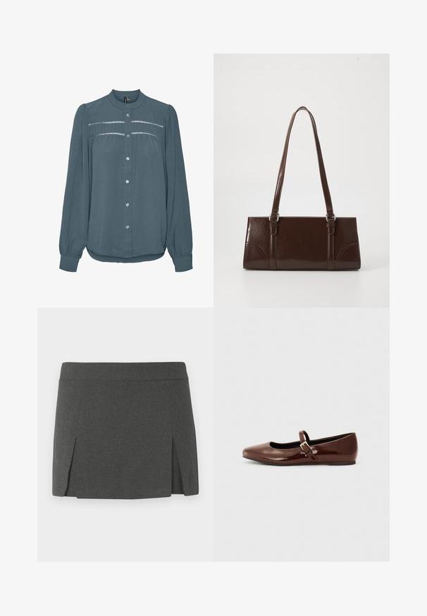 Blouse met lange mouwen in teal, knoopsluiting aan de voorkant, ronde kraag, geplooide inzet met kantdetail over de borst en manchetten aan de mouwen.; Grijze mini-jurk met een gladde textuur, voorzien van een platte tailleband en twee verticale uitsparingen aan de voorkant voor extra detail. Casual ontwerp.; Bruine gepatineerde leren balletschoen met een vierkante neus en een bandje met een kleine gouden gesp. Gladde textuur, lage hak en minimalistisch ontwerp.; Bruine lakleren handtas met een rechthoekige vorm, twee lange handvatten en subtiele gebogen accenten aan de voorkant.