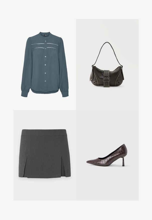 Blusa de manga larga color teal con botones en la parte delantera, cuello redondo, canesú fruncido con detalles de encaje en el pecho y mangas con puños.; Minifalda gris con una textura suave, que presenta una cinturilla plana y dos aberturas en los lados frontales para un detalle adicional. Diseño casual.; Tacones puntiagudos de cuero sintético marrón con textura de cocodrilo, con un tacón delgado y angular y un forro interior suave.; Bolso de hombro de cuero negro con detalle de correa con hebilla, bordes curvos y costuras blancas en contraste sobre un fondo liso.