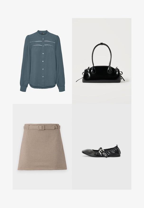 Blusa de manga larga color teal con botones en la parte delantera, cuello redondo, canesú fruncido con detalles de encaje en el pecho y mangas con puños.; Pantalones cortos en patrón de houndstooth marrón y beige con cintura Ceñida y líneas limpias, estructura ajustada y textura de tela suave.; Zapato plano de piel negra con puntera afilada, detalle fruncido alrededor de la abertura y un acento de hebilla plateada en la correa ajustable.; Pequeño bolso negro brillante con dos asas largas y detalles de cordón lateral sobre un fondo claro liso.