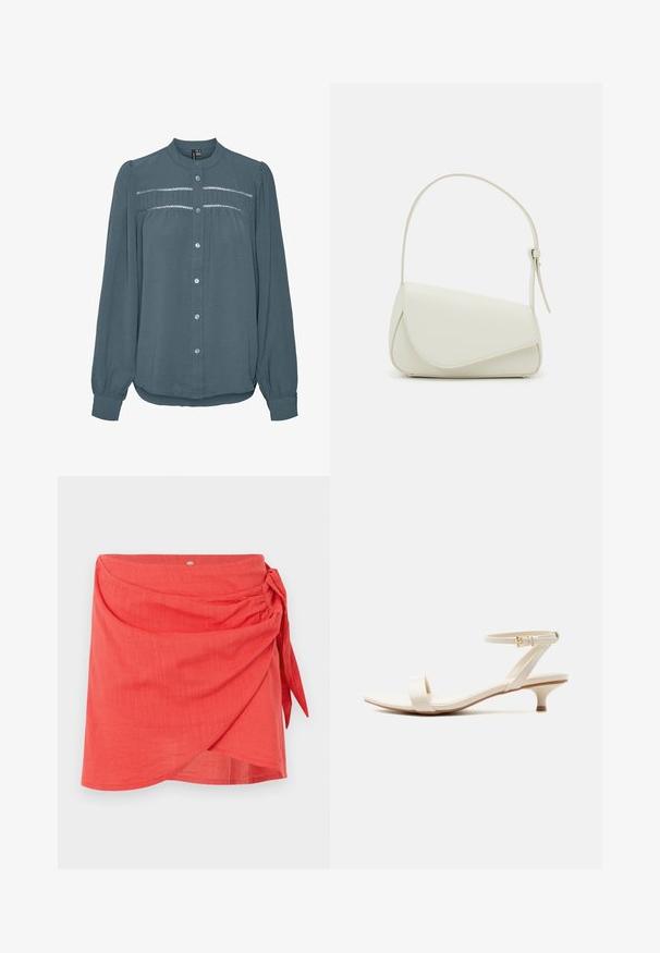 Blouse bleu sarcelle à manches longues avec boutonnage sur le devant, col rond, empiècement froncé avec détails en dentelle sur la poitrine et manches avec poignets.; Mini-jupe corail style portefeuille avec un nœud latéral et un tissu subtilement texturé sur un fond clair uni.; Sandale beige à talon bas avec une bride unique pour les orteils et une bride de cheville ajustable ornée d'une petite boucle en or, sur fond blanc.; Sac à main en cuir synthétique blanc avec une forme triangulaire structurée, une bandoulière unique réglable et un rabat à courbes accentuées.