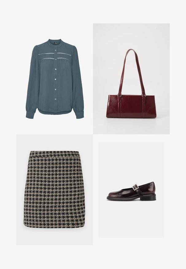 Langærmet teal bluse med knapper foran, rund krave, samlet skulderstykke med blondekanter over brystet og ærmer med manchetter.; Sort og beige ternet mini nederdel med en tekstureret vævning og en glat talje, der har en struktureret pasform og et enkelt design.; En enkelt blank mørk burgunder Mary Jane sko med bred rem og sølvspænde, lav blokhæle og rundet tå på hvid baggrund.; Bordeaux håndtaske lavet af glansfuldt materiale, rektangulær form, med to skulderremme og subtile buede detaljer på forsiden.