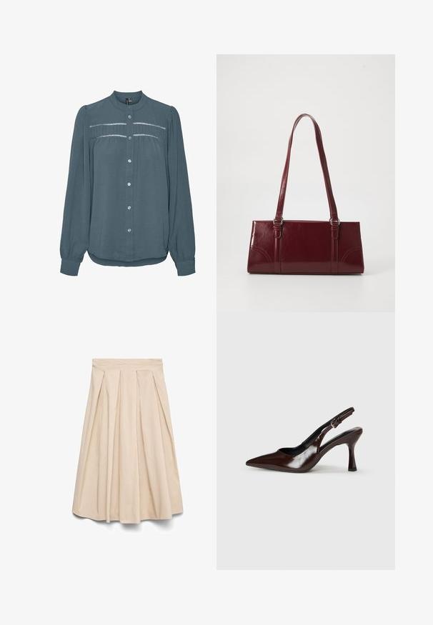 Blusa de manga larga color teal con botones en la parte delantera, cuello redondo, canesú fruncido con detalles de encaje en el pecho y mangas con puños.; Falda midi beige con cintura alta y plisados frontales, silueta acampanada y tela lisa.; Zapatos de tacón slingback de charol marrón con punta afilada, tacón delgado y correa ajustable con una pequeña hebilla.; Bolso burdeos hecho de material brillante, de forma rectangular, con dos asas para el hombro y sutiles acentos curvados en la parte frontal.