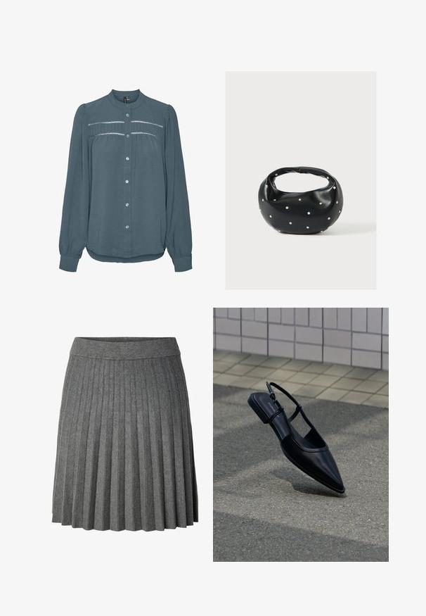 Blúzka s dlhým rukávom v tyrkysovej farbe s gombíkmi vpredu, okrúhlym golierom, nariasenou vsadkou s čipkovými detailmi na hrudníku a rukávmi s manžetami.; Tmavosivá plisovaná sukňa po kolená so širokým elastickým pásom z mäkkej pleteniny.; Čierna plochá obuv so špičkou na päte s otvorenou pätou, ktorá sa vznáša nad asfaltovým povrchom vedľa dlažobného chodníka.; Čierna kožená kabelka s zaobleným tvarom, zdobená striebornými cvočkami a krátkym rúčkou. Hladká textúra a zapínanie na zips.