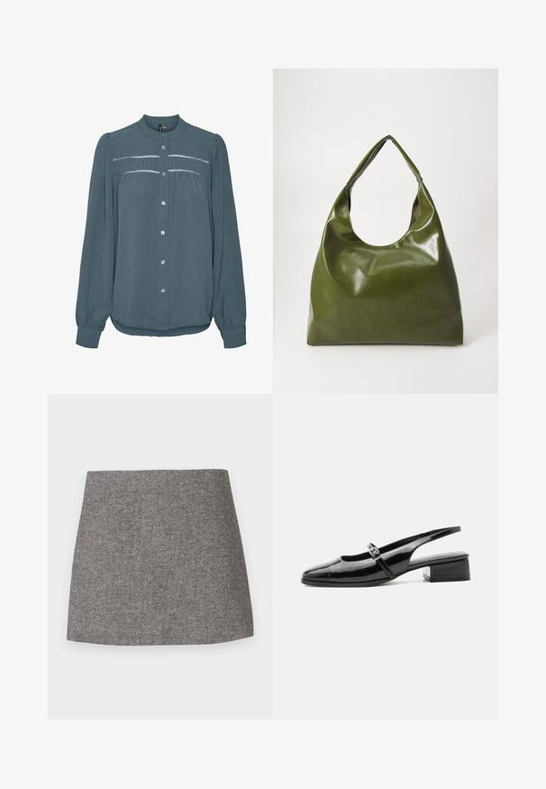Blouse met lange mouwen in teal, knoopsluiting aan de voorkant, ronde kraag, geplooide inzet met kantdetail over de borst en manchetten aan de mouwen.; Rok met visgraatmotief in grijze stof, met een aansluitende pasvorm, een gladde textuur en een nette, rechte zoom.; Zwarte lakleren slingback schoen met een lage blokhak en een dunne band met zilveren gesp bovenop.; Groene leren hobotas met een slordig ontwerp, gebogen handvat en een gladde textuur. Bevat geen zichtbare hardware of accenten.