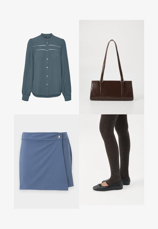 Blusa de manga larga color teal con botones en la parte delantera, cuello redondo, canesú fruncido con detalles de encaje en el pecho y mangas con puños.; Falda azul estilo cruzado con una cintura alta y un cierre de botón plateado en el lado derecho, presentada sobre un fondo blanco.; Piernas con leggings oscuros acanalados combinados con bailarinas negras que presentan pequeños detalles de lazo sobre un fondo blanco.; Bolso de mano de piel sintética marrón con forma rectangular, dos asas largas y sutiles acentos curvados en la parte delantera.
