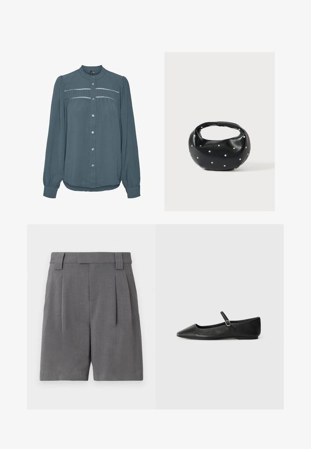 Blusa de manga larga color teal con botones en la parte delantera, cuello redondo, canesú fruncido con detalles de encaje en el pecho y mangas con puños.; Pantalones cortos grises a medida, confeccionados con un tejido de textura fina. Presentan plisados frontales, presillas para cinturón y bolsillos laterales para un aspecto estructurado.; Bailarinas de cuero negro con punta afilada, suela plana y una pequeña correa con hebilla alrededor del tobillo para un ajuste seguro.; Bolso de mano de cuero negro con forma redondeada, decorado con detalles de tachuelas plateadas y un asa corta. Textura lisa y cierre con cremallera.