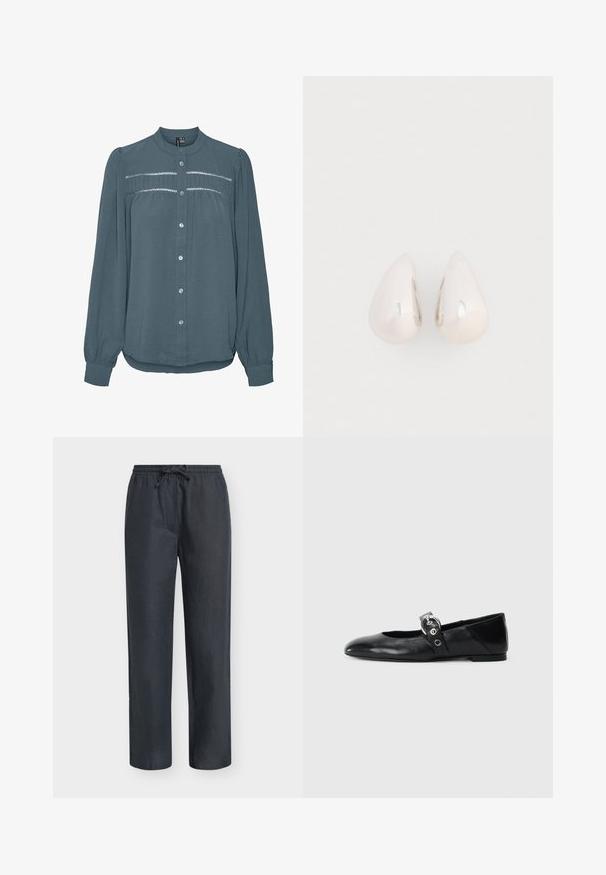Blouse met lange mouwen in teal, knoopsluiting aan de voorkant, ronde kraag, geplooide inzet met kantdetail over de borst en manchetten aan de mouwen.; Zwarte rechte broek met elastische tailleband en trekkoord, met een relaxte pasvorm en subtiele textuur.; Zwarte leren balletschoenen met een spitse neus, voorzien van een band met een ronde metalen gesp en een platte zool.; Zilveren metalen druppeloorbellen met een gladde, reflecterende oppervlakte en een druppelvorm, voorzien van een naadloos ontwerp en zonder zichtbare versieringen.