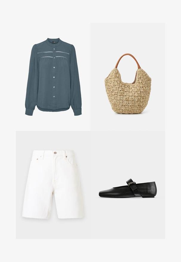 Langærmet teal bluse med knapper foran, rund krave, samlet skulderstykke med blondekanter over brystet og ærmer med manchetter.; Hvide denimshorts med forreste knap, lynlås, bæltestropper og fem-lomme design på en ensartet lys baggrund.; Sort læderflad sko med rundet tå og en rem med metallisk spænde over vristen.; Vævet stråtasker med en naturlig tekstur og en blød, organisk form, der har brune læderhåndtag for nem bæring.