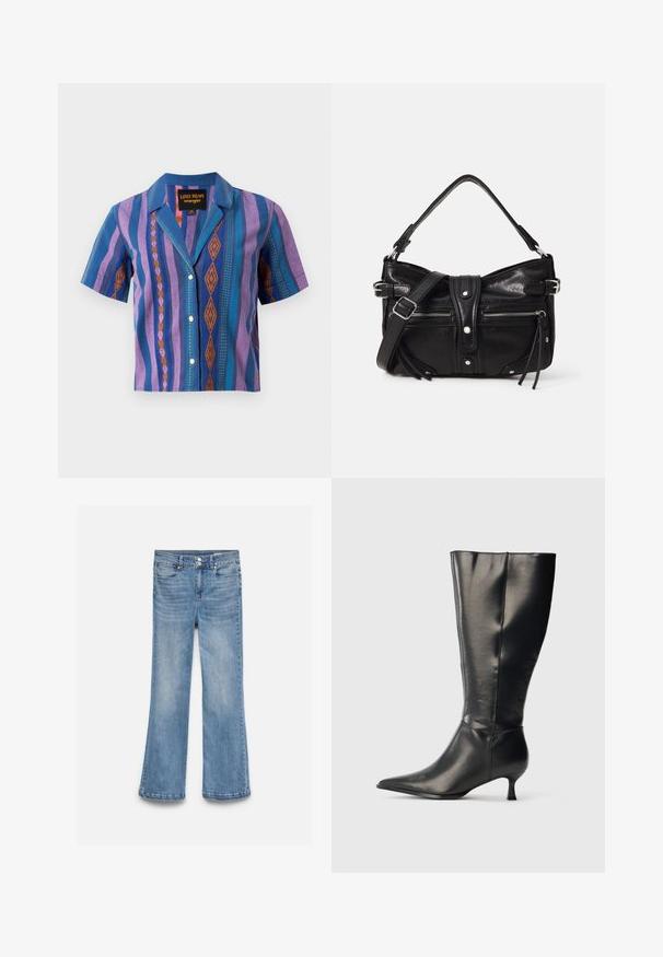 Chemise à manches courtes boutonnée avec des rayures géométriques verticales violettes, bleues et oranges et un col, étiquetée Lainey Wilson Wrangler.; Jean en denim bleu clair avec une taille haute, une fermeture double bouton, des poches avant et arrière, et des jambes légèrement évasées.; Botte en cuir noire montant jusqu'au genou, avec un bout pointu et un petit talon bas, présentée sur un fond clair uni.; Even&Odd by Zalando H24462 - Sac à main - black