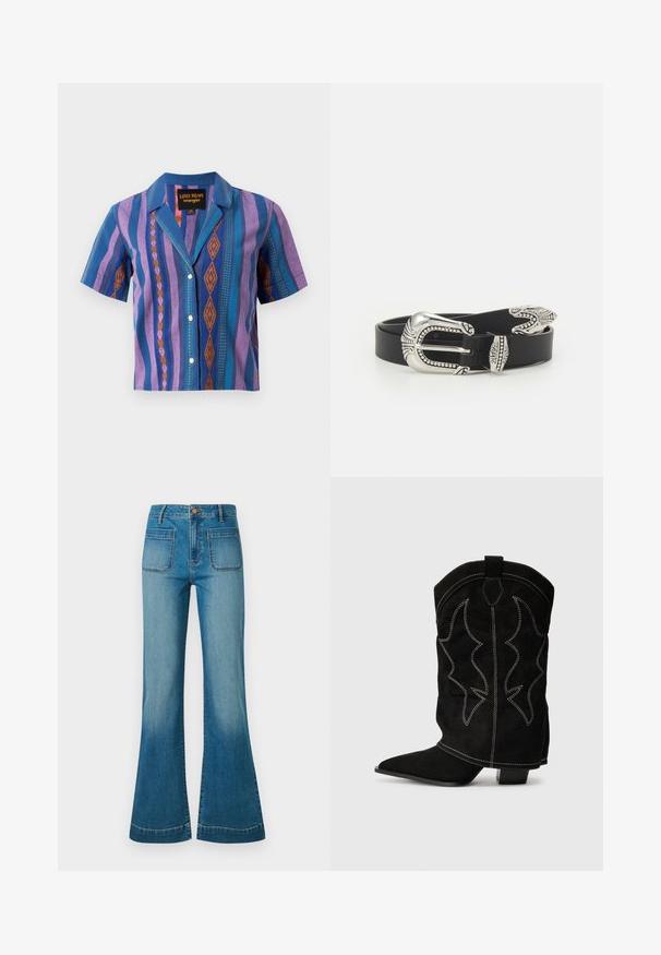 Chemise à manches courtes boutonnée avec des rayures géométriques verticales violettes, bleues et oranges et un col, étiquetée Lainey Wilson Wrangler.; Jean en denim bleu taille haute avec poches plaquées à l'avant et jambes évasées, comportant une fermeture à bouton et à zip.; Botte de cowboy en suede noir avec un bout pointu, un petit talon et des coutures décoratives blanches, présentant un motif en forme de flamme sur la tige.; Ceinture en cuir noir avec une grande boucle en métal argenté dotée de détails complexes et d'accents décoratifs à chaque extrémité.