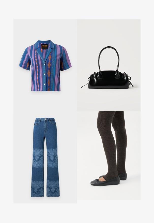Chemise à manches courtes boutonnée avec des rayures géométriques verticales violettes, bleues et oranges et un col, étiquetée Lainey Wilson Wrangler.; Jeans bleus taille haute à jambes droites avec motifs floraux bleu clair et motifs en dentelle sur les cuisses et les mollets, boutons à l'avant et poches.; Jambes portant des leggings côtelés foncés associés à des ballerines noires avec de petits détails en nœud sur fond blanc.; Petit sac à main noir brillant avec deux longues anses et des détails à cordon sur les côtés sur un fond clair uni.