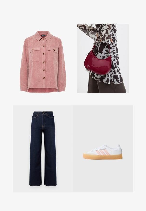 Rosa Kordjacke mit langen Ärmeln, zwei Brusttaschen und braunen Knöpfen. Sie verfügt über einen klassischen Kragen und einen strukturierten, gerippten Stoff.; Dunkelblaue weit geschnittene Jeans aus Denim, mit hoher Taille, vier Taschen und kontrastierenden Nähten entlang der Nähte.; Weiße Turnschuhe mit pinken Streifen, Gummisohle und Wildleder-Zehenkappe. Mit Schnürverschluss und strukturierten Materialien am Obermaterial.; Frau trägt eine schwarz-weiß gemusterte Bluse und hält eine glänzende rote Schultertasche vor einem einfarbigen Hintergrund.