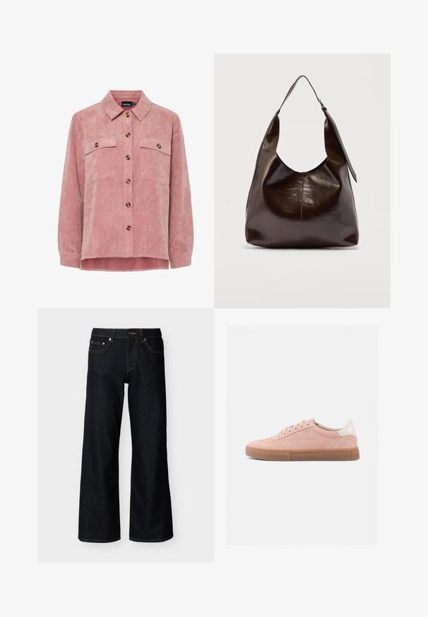 Rosa Kordjacke mit langen Ärmeln, zwei Brusttaschen und braunen Knöpfen. Sie verfügt über einen klassischen Kragen und einen strukturierten, gerippten Stoff.; Dunkelblaue Jeans mit weitem Bein, vorne mit Knopf, Reißverschluss und Fünf-Taschen-Stil auf hellem einfarbigem Hintergrund.; Niedrig geschnittener rosa Wildleder-Sneaker mit brauner Gummisohle und weißem Ferseneinsatz, von der Seite auf weißem Hintergrund gezeigt.; Dunkelbraune glänzende Lederschultertasche mit einem breiten einzelnen Riemen und Schnallendetail auf einer Seite, vor einem schlichten hellen Hintergrund.