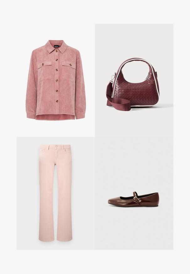 Veste en velours côtelé rose avec des manches longues, deux poches poitrine et des boutons marron. Elle comporte un col classique et un tissu texturé à côtes.; Jean rose clair à jambes droites avec poches avant, passants pour ceinture et fermeture à bouton métallique.; Ballerine en cuir verni marron avec un bout carré et une lanière ornée d'une petite boucle dorée. Texture lisse, talon bas et design minimaliste.; Sac à main en cuir tressé marron foncé avec poignée courbée, garniture blanche, fermeture éclair argentée et bandoulière large en tissu amovible sur fond uni.