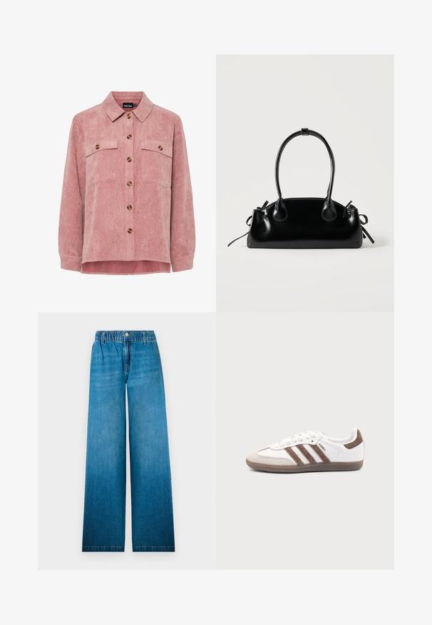 Veste en velours côtelé rose avec des manches longues, deux poches poitrine et des boutons marron. Elle comporte un col classique et un tissu texturé à côtes.; Jean à jambes larges en denim bleu clair, dotés d'une taille élastique, d'une fermeture à bouton et d'un design droit avec un effet décoloré.; Baskets Adidas Samba blanches avec des bandes en daim marron, semelle en caoutchouc marron et bout en daim beige, vues du côté extérieur sur un fond uni.; Petit sac à main noir brillant avec deux longues anses et des détails à cordon sur les côtés sur un fond clair uni.