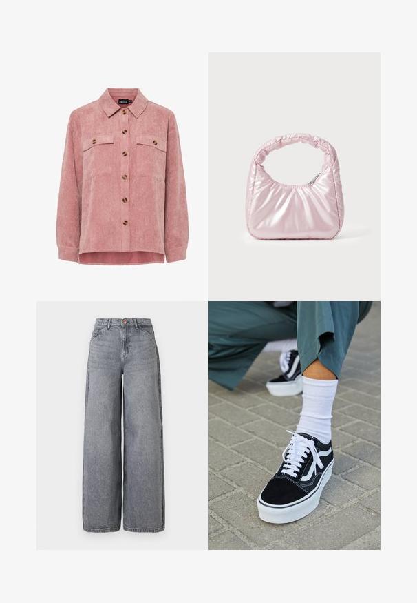 Veste en velours côtelé rose avec des manches longues, deux poches poitrine et des boutons marron. Elle comporte un col classique et un tissu texturé à côtes.; Jean en denim à jambes larges dans un délavé gris, avec cinq poches, une fermeture à bouton et une texture douce avec des détails de whiskering subtils.; Baskets en suède noir avec des accents et des lacets blancs, présentant une épaisse semelle blanche et des coutures contrastantes, associées à une chaussette blanche.; Sac à main rose rembourré avec un design arrondi, fabriqué à partir d'un matériau brillant. Dispose d'une poignée froncée et d'une fermeture éclair pour un accès sécurisé.