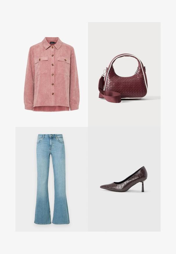 Rosa Kordjacke mit langen Ärmeln, zwei Brusttaschen und braunen Knöpfen. Sie verfügt über einen klassischen Kragen und einen strukturierten, gerippten Stoff.; Hellblaue Denim-Jeans mit hoher Taille, vorderem Knopf- und Reißverschluss, vorderen und hinteren Taschen sowie ausgestellten Beinen.; Braune Pumps mit spitz zulaufender Spitze aus Kunstleder in Krokodiloptik, mit schlankem, eckigem Absatz und glatter Innenfütterung.; Dunkelrote gewebte Ledertasche mit gebogenem Griff, weißem Besatz, silbernem Reißverschluss und abnehmbarem breitem Stoff-Schulterriemen vor einfarbigem Hintergrund.