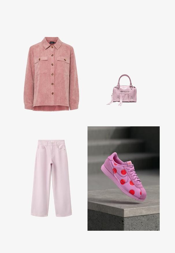 Rosa Kordjacke mit langen Ärmeln, zwei Brusttaschen und braunen Knöpfen. Sie verfügt über einen klassischen Kragen und einen strukturierten, gerippten Stoff.; Hellrosa Jeans mit weitem Bein, vorderen Taschen, Gürtelschlaufen und Knopfverschluss an der Taille.; Pinkfarbener Turnschuh mit roten Punkten und strukturierter Sohle, in der Luft schwebend über einer Betonkante mit unscharfen Treppen im Hintergrund.; Kleine hellrosa Handtasche mit zwei Griffen, vorderer Reißverschlusstasche und dekorativen Riemen mit Metallringen auf weißem Hintergrund.