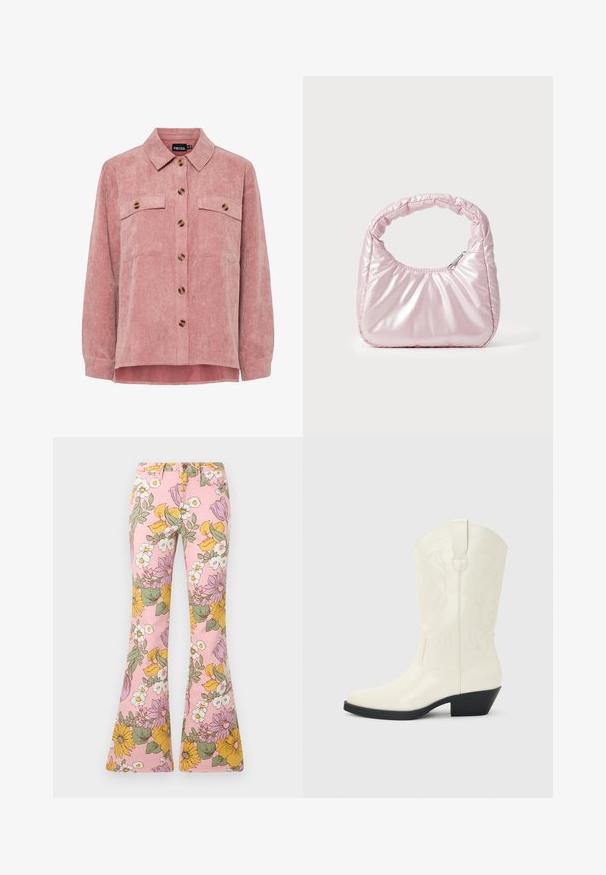 Rosa Kordjacke mit langen Ärmeln, zwei Brusttaschen und braunen Knöpfen. Sie verfügt über einen klassischen Kragen und einen strukturierten, gerippten Stoff.; Rosa ausgestellte Hose mit einem mehrfarbigen Blumenmuster aus gelben, weißen, grünen und violetten Blumen und Blättern.; Weißer Western-Stiefel in mittlerer Wadenhöhe mit spitzer Schuhspitze, schwarzem gestapeltem Absatz, dekorativen Nähten und Zuglasche an der Schaftseite.; Rosa, gepolsterte Handtasche mit abgerundeter Form, aus glänzendem Material gefertigt. Verfügt über einen gerafften Griff und einen Reißverschluss für sicheren Zugang.