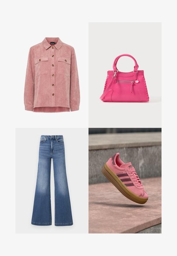 Roosa korduroy särgijope pikade varrukatega, kahte rinna taskut ja pruune nuppe. Omab klassikalist kraed ja tekstuurset ribakanga.; Good American GOOD WAIST PALAZZO COMPRESSION - Alt laienevad teksad - indigo; Roosa Adidas Gazelle toss jalats pruunide tallade ja triipudega, hõljumas kivilise pinna kohal halli betooni taustal.; Roosa nahast käekott kahe käepidemega, dekoratiivse külglaiendusega ja esiküljel tõmblukuga taskuga. Sile tekstuur, struktureeritud kuju.
