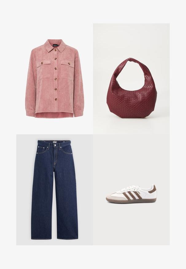 Roze corduroy overhemdjack met lange mouwen, twee borstzakken en bruin knopen. Heeft een klassieke kraag en een gestructureerde ribstof.; Donkerblauwe denim wijde broek met een hoge taille, voorzien van vijf zakken, riemlussen en details van koperkleurig stiksel. Gladde textuur.; Witte Adidas Samba sneaker met bruine suède strepen, bruine rubberen zool en beige suède neuskap, getoond vanaf de buitenkant op een effen achtergrond.; Geweven bordeaux handtas met een afgeronde silhouet, een enkele handgreep en een gestructureerde afwerking. Ritssluiting aan de bovenkant.