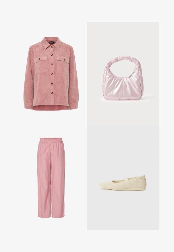 Roze corduroy overhemdjack met lange mouwen, twee borstzakken en bruin knopen. Heeft een klassieke kraag en een gestructureerde ribstof.; Roze gestreepte wijde broek met een elastische tailleband. Gemaakt van lichtgewicht stof met een gladde textuur. Beschikt over subtiele verticale strepen.; Beige ballerina's met een gladde leren buitenkant, amandelvormige punt en elastische band over de wreef, met subtiele stiksels.; Roze, gevoerde handtas met een afgeronde vorm, gemaakt van glanzend materiaal. Beschikt over een geplooide handgreep en een ritssluiting voor veilige toegang.