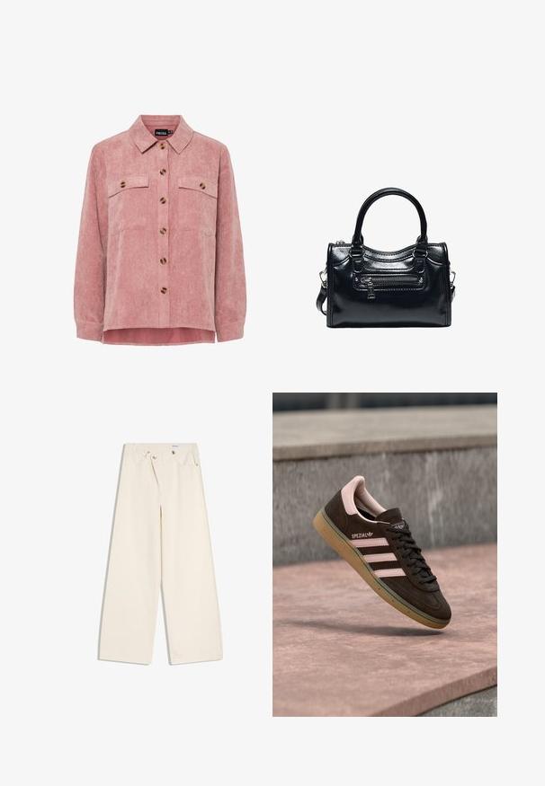 Veste en velours côtelé rose avec des manches longues, deux poches poitrine et des boutons marron. Elle comporte un col classique et un tissu texturé à côtes.; Pantalon large couleur écru avec poches avant, passants pour ceinture, et boutons argentés sur la ceinture et les bords des poches.; Baskets en suède brun foncé avec des accents roses, présentant trois bandes roses, une semelle texturée et un logo sur le côté. Design classique à profil bas.; Sac à main en cuir noir brillant avec deux poignées, poche avant zippée et bandoulière amovible sur fond blanc.