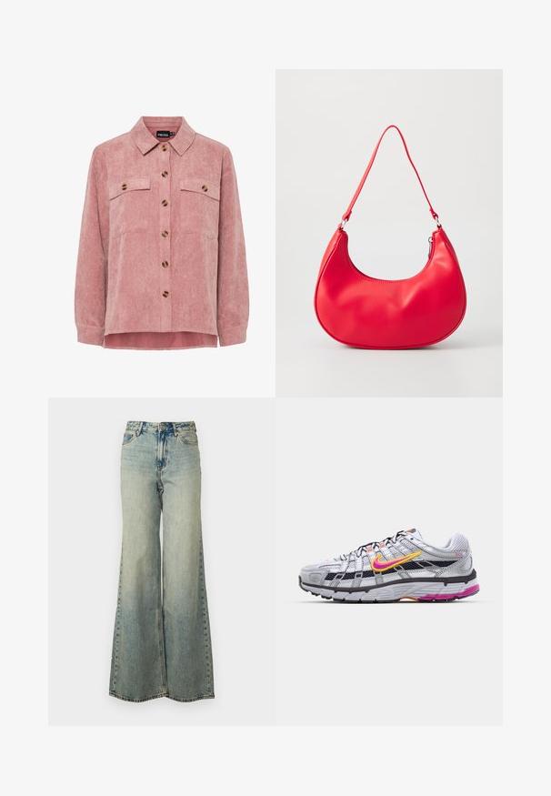 Rosa Kordjacke mit langen Ärmeln, zwei Brusttaschen und braunen Knöpfen. Sie verfügt über einen klassischen Kragen und einen strukturierten, gerippten Stoff.; Helles blauweite Jeans im Denim-Stil mit hoher Taille, ausgewaschenem Finish und seitlichen Taschen mit sichtbaren Nähten.; Graunetz-Laufschuh mit einem auffälligen pinken und gelben Swoosh, schwarzen Akzenten und einer strukturierten Gummisohle. Verfügt über eine verstärkte Zehenpartie und einen gepolsterten Kragen.; Rote synthetische Leder-Schultertasche mit geschwungener Form, schmalem Gurt und Zipverschluss. Glatte Textur mit sichtbaren Nähtedetails.