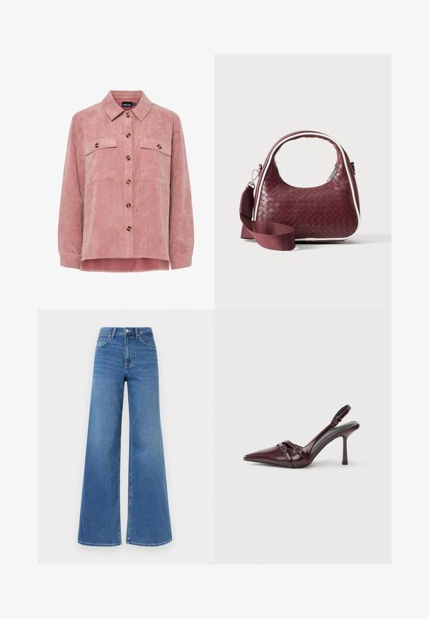 Rosa Kordjacke mit langen Ärmeln, zwei Brusttaschen und braunen Knöpfen. Sie verfügt über einen klassischen Kragen und einen strukturierten, gerippten Stoff.; Hoch taillierte blaue Jeans aus Denim mit weitem Bein, vorderer Knopf- und Reißverschluss sowie Vorder- und Gesäßtaschen.; Bordeauxroter Slingback-Pumps aus Lackleder mit spitz zulaufender Vorderkappe, dünnem Knöchelriemen und kleiner dekorativer Schnalle. Glatte Textur und hoher Absatz.; Dunkelrote gewebte Ledertasche mit gebogenem Griff, weißem Besatz, silbernem Reißverschluss und abnehmbarem breitem Stoff-Schulterriemen vor einfarbigem Hintergrund.