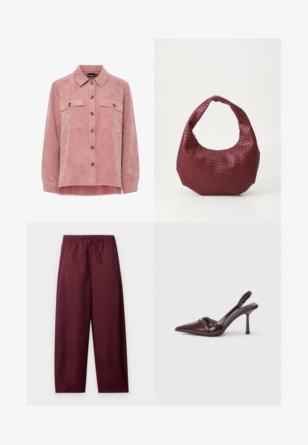 Veste en velours côtelé rose avec des manches longues, deux poches poitrine et des boutons marron. Elle comporte un col classique et un tissu texturé à côtes.; Pantalon ample couleur bordeaux avec taille élastique et cordon de serrage, jambes droites, sans poches visibles ni motifs.; Escarpin slingback en cuir verni bordeaux avec bout pointu, fine bride à la cheville et petit détail décoratif de boucle. Texture lisse et talon haut.; Sac à main tissé bordeaux avec une silhouette arrondie, une seule poignée et une finition texturée. Fermeture zippée en haut.