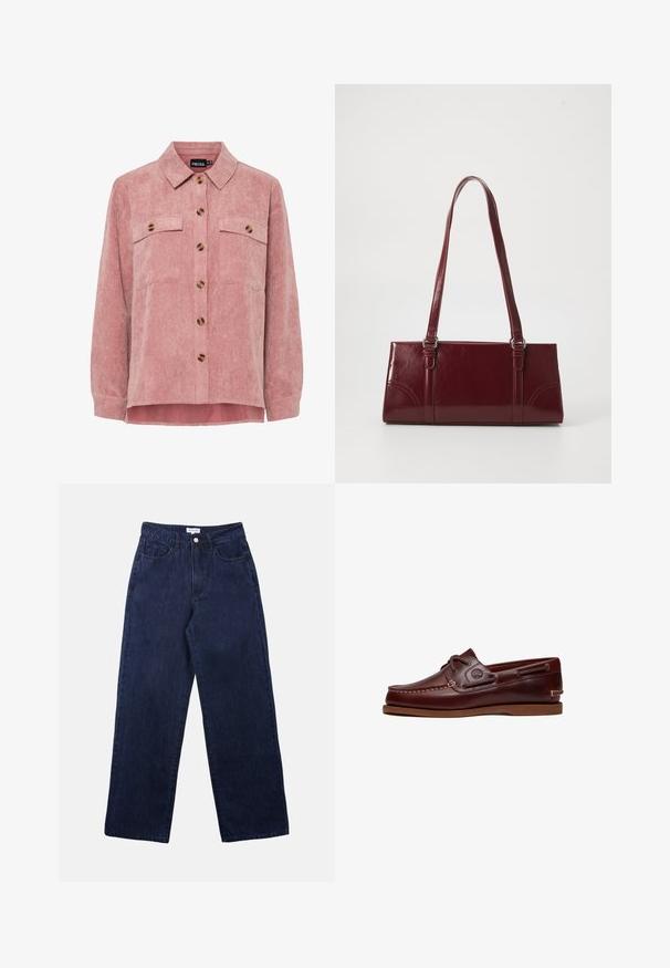 Rosa Kordjacke mit langen Ärmeln, zwei Brusttaschen und braunen Knöpfen. Sie verfügt über einen klassischen Kragen und einen strukturierten, gerippten Stoff.; Dunkelblaue Denim-Hosen mit geradem Bein, ausgestattet mit einem Frontknopfverschluss, Gürtelschlaufen und zwei vorderen Taschen.; Brauner Leder-Bootsschuh mit Schnürsenkeln, Nahtdetails und Timberland-Logo an der Seite, auf weißem Hintergrund gezeigt.; Burgunderfarbene Handtasche aus glänzendem Material, rechteckige Form, mit zwei Schulterriemen und subtilen, geschwungenen Akzenten an der Vorderseite.