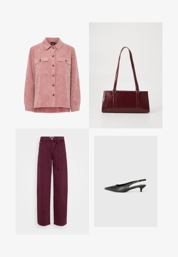 Roze corduroy overhemdjack met lange mouwen, twee borstzakken en bruin knopen. Heeft een klassieke kraag en een gestructureerde ribstof.; Bordeaux wijde benen broek van katoen, met een gestrikte tailleband, twee voorkleppen en een knoopsluiting. Glad van textuur, zonder patronen.; Zwarte puntschoen met slingback van soepel leer. Kenmerkt zich door een dunne hak en een gespdetail op de verstelbare band.; Bourgondische handtas van glanzend materiaal, rechthoekige vorm, met twee schouderbanden en subtiele gebogen accenten aan de voorkant.