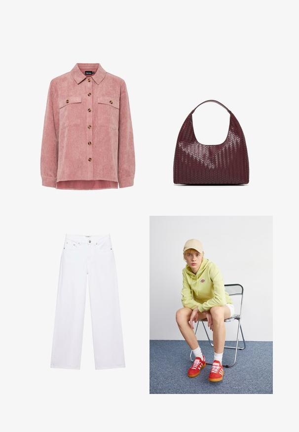 Roze corduroy overhemdjack met lange mouwen, twee borstzakken en bruin knopen. Heeft een klassieke kraag en een gestructureerde ribstof.; Witte jeans met hoge taille en wijde pijpen, voorzien van knoop- en ritssluiting, voor- en achterzakken, en zilverkleurige klinknageldetails.; Lichtgroene hoodie met logo, witte shorts, rode sneakers met witte strepen, zittend op een chroom opvouwstoel tegen een neutrale achtergrond.; Donker bordeauxrode leren handtas met geweven structuur en een enkele gebogen schouderriem tegen een witte achtergrond.