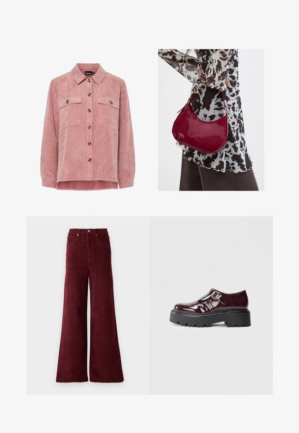 Rosa Kordjacke mit langen Ärmeln, zwei Brusttaschen und braunen Knöpfen. Sie verfügt über einen klassischen Kragen und einen strukturierten, gerippten Stoff.; Weite Cordhosen in Burgunder, mit hohen Taillen, Fronttaschen und einem Knopfverschluss. Strukturierter Rippenstoff im gesamten Material.; Burgunderfarbene Lackleder-Mary-Jane-Schuhe mit silberner Schnalle und dickem schwarzem Profilsohle, Seitenansicht auf weißem Hintergrund.; Frau trägt eine schwarz-weiß gemusterte Bluse und hält eine glänzende rote Schultertasche vor einem einfarbigen Hintergrund.