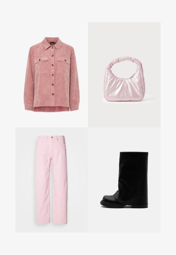 Roze corduroy overhemdjack met lange mouwen, twee borstzakken en bruin knopen. Heeft een klassieke kraag en een gestructureerde ribstof.; Lichtroze denim jeans met een rechte pijp, voorzien van een voorrits en knoop, en een ontwerp met vijf zakken. Zachte textuur en stevige naden.; Zwarte hoge leren laars met een brede, losse bovenkant en een dikke, afgeronde zool op een witte achtergrond.; Roze, gevoerde handtas met een afgeronde vorm, gemaakt van glanzend materiaal. Beschikt over een geplooide handgreep en een ritssluiting voor veilige toegang.