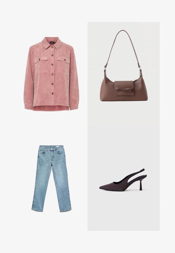 Roze corduroy overhemdjack met lange mouwen, twee borstzakken en bruin knopen. Heeft een klassieke kraag en een gestructureerde ribstof.; Lichtblauwe denim jeans met een rechte poot ontwerp, vijf zakken en een knoopsluiting. Zachte textuur met minimale vervaging.; Slingback schoenen met hak in donkerpaarse stof. Spits toelopend ontwerp, open zijkanten en een slanke, vierkante hak. Soepele textuur.; Bruine leren schoudertas met een voorvak met klep en een gestikte strikdetail en een verstelbare band.