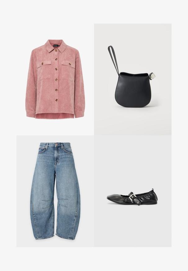 Veste en velours côtelé rose avec des manches longues, deux poches poitrine et des boutons marron. Elle comporte un col classique et un tissu texturé à côtes.; Jean en denim bleu clair à jambe large, taille haute, poches avant, fermeture à bouton et surpiqûres décoratives sur les genoux à l’avant.; Chaussure plate en cuir noir avec un nez pointu, des détails froncés autour de l'ouverture et un accent en boucle argentée sur la bride ajustable.; Pochette en cuir noir pour poignet avec base arrondie et fermoir argenté sur fond blanc uni.