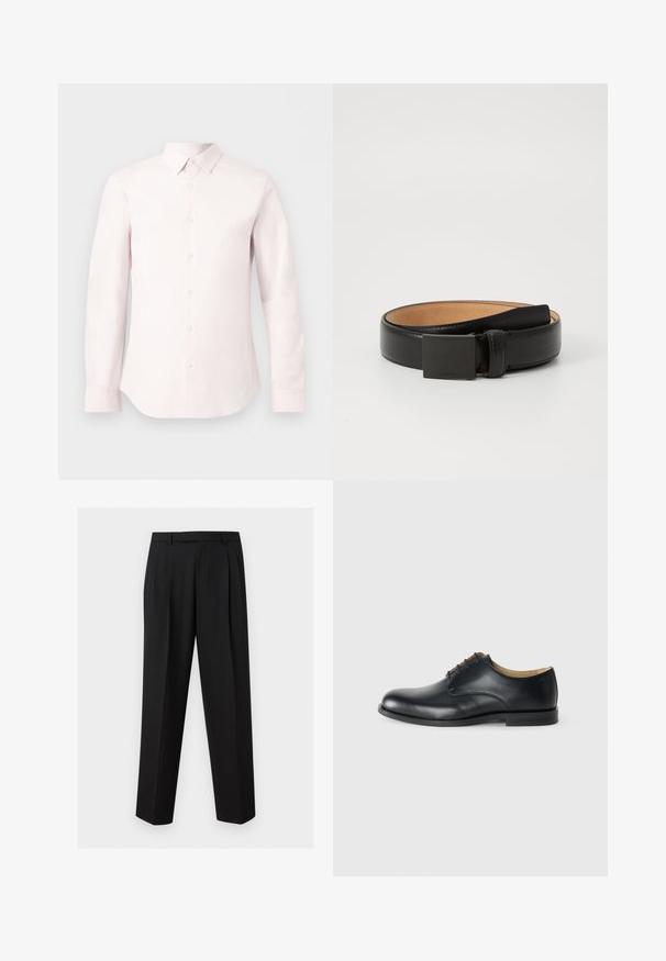 Chemise à manches longues rose clair avec boutons, col pointu et poignets boutonnés, présentée sur un fond blanc uni.; Pantalon noir sur mesure avec jambes droites, plis à la taille, passants de ceinture et poches latérales fendues, présenté sur un fond uni.; Calvin Klein ESS DERBY - Derbies - triple black; Ceinture en cuir noir avec une finition lisse, dotée d'une boucle rectangulaire en métal noir et d'une doublure intérieure beige. Design simple et classique.