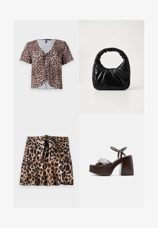 Korte ærmer, plisseret top i leopardmønster med v-hals og knyt foran. Har et lyseblåt, ternet indre lag.; Mini nederdel i leopardprint, fremstillet af blødt stof, med et flagrende design, knyttet taljebånd og kontrasterende sorte og brune pletter på en beige baggrund.; Mørkebrune læderplatformsandal med chunky blokhæl, åben tå og justerbar ankelrem med metal spænde.; Sort polstret håndtaske med et rundt håndtag, der har en glat, skinnende overflade og en blød, kviltet tekstur. Ingen synlige hardware eller accenter.
