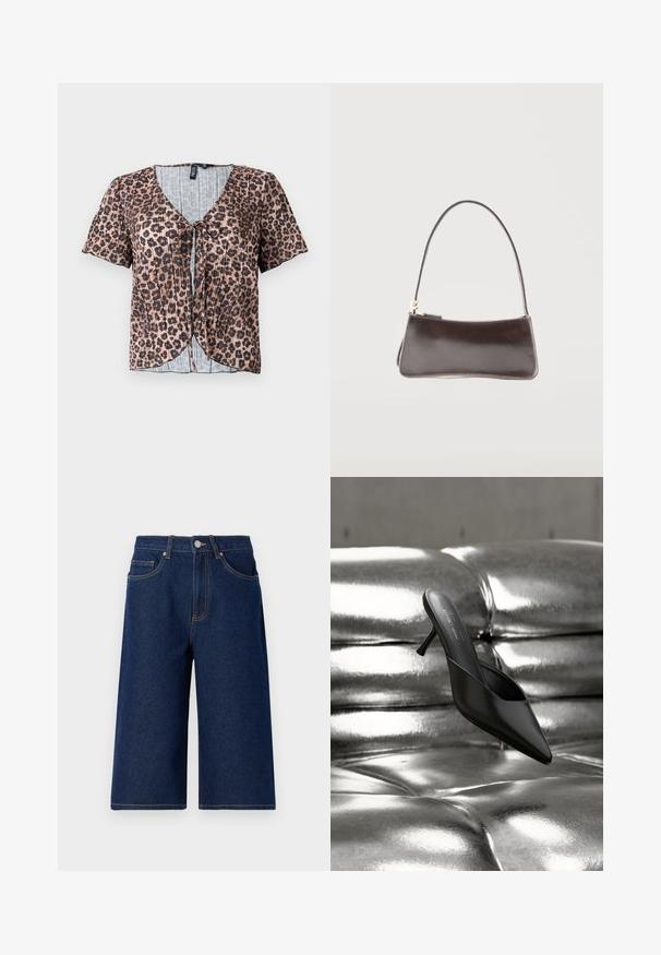 Korte ærmer, plisseret top i leopardmønster med v-hals og knyt foran. Har et lyseblåt, ternet indre lag.; Mørkeblå denimshorts med løs pasform, med knaplukning, forlommer og lige ben-design. Syede detaljer i kontrastfarve.; Sort mule med spids tå og slank hæl placeret på en skinnende, metallisk sølv polstret overflade.; Lille rektangulær mørkebrun lædertaske med en enkelt rem og guldlåselukning.