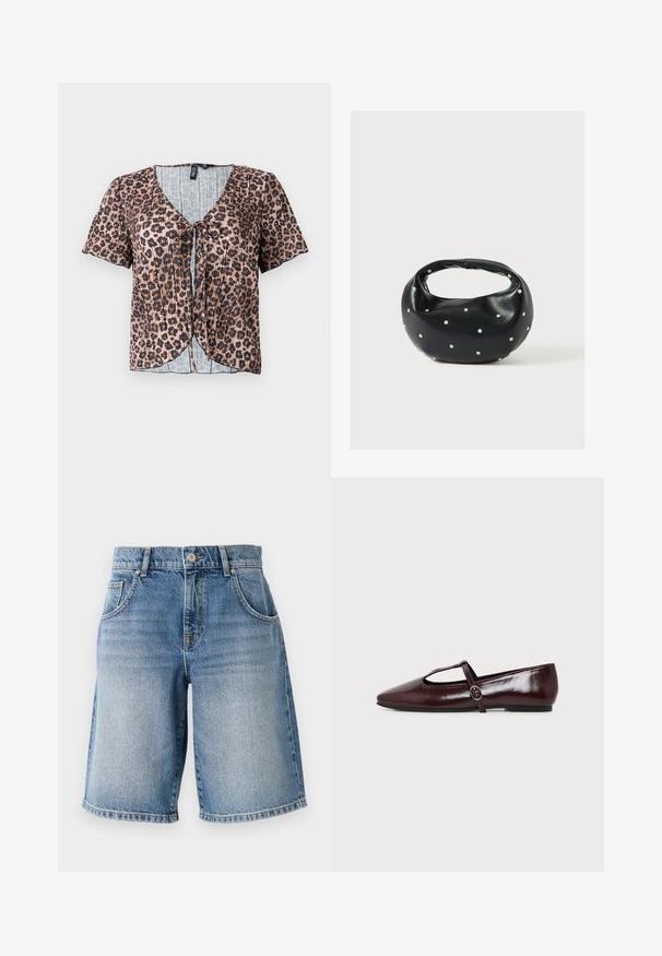 Korte ærmer, plisseret top i leopardmønster med v-hals og knyt foran. Har et lyseblåt, ternet indre lag.; Lysblå denimshorts med lige pasform, fem lommer og bronzefarvet hardware. Har en rå kant og en falmet vaskemæssig struktur.; Mørk burgunderfarvet flad lædersko med spids tå og en tynd T-rem med en sølvspænde på en hvid baggrund.; Sort læderhåndtaske med en rundet form, dekoreret med sølvnitter, og et kort håndtag. Glat tekstur og lynlåslukning.