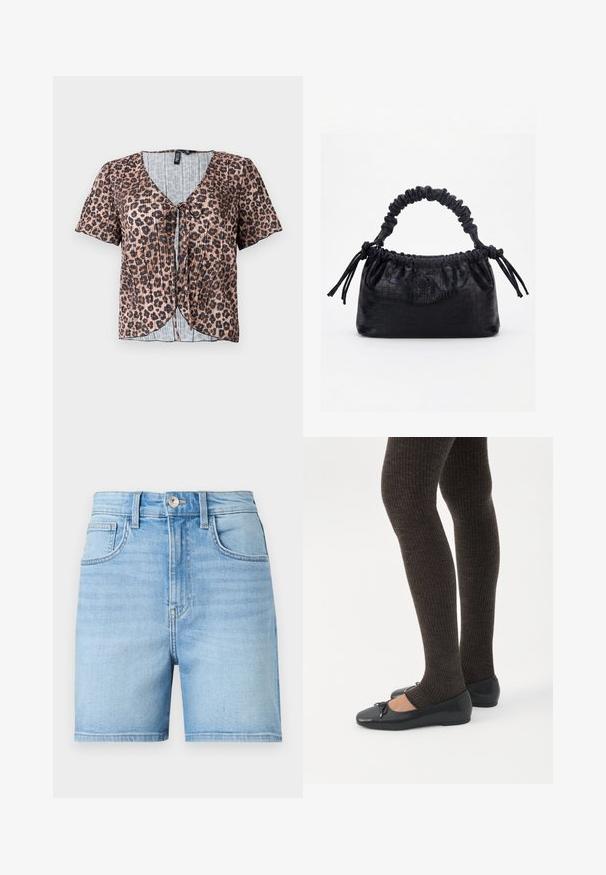 Top de manga corta, con pliegues y estampado de leopardo, con escote en V y lazo al frente. Presenta una capa interior a rayas azul clara.; Pantalones cortos de mezclilla azul claro con botón frontal, presillas para cinturón y dos bolsillos delanteros.; Piernas con leggings oscuros acanalados combinados con bailarinas negras que presentan pequeños detalles de lazo sobre un fondo blanco.; Bolso negro con textura de cocodrilo, borde superior fruncido, asa recogida y cordones con borlas en cada lado sobre un fondo blanco.
