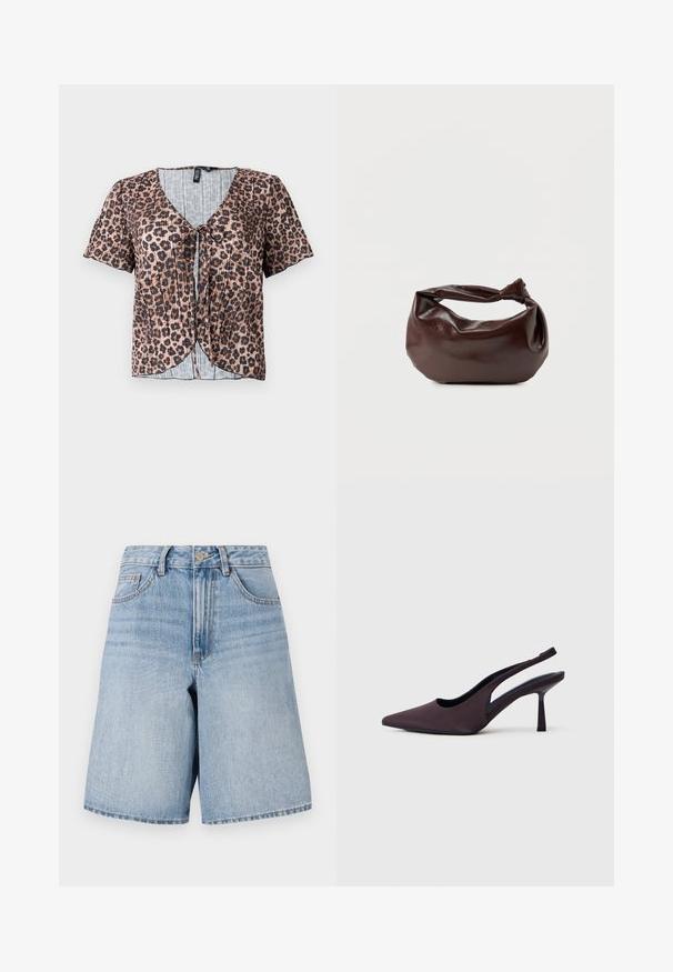 Top de manga corta, con pliegues y estampado de leopardo, con escote en V y lazo al frente. Presenta una capa interior a rayas azul clara.; Pantalones cortos de mezclilla azul claro con una cintura alta, piernas anchas y bolsillos frontales. Presenta un botón superior y cierre de cremallera. Textura de acabado desgastado.; Zapato de tacón con tira trasera en tela color púrpura oscuro. Diseño de punta rematada, laterales abiertos y tacón delgado de forma cuadrada. Textura suave.; Bolso de hombro de cuero marrón oscuro con una forma suave y caída, y un asa con nudo torcido sobre un fondo blanco liso.