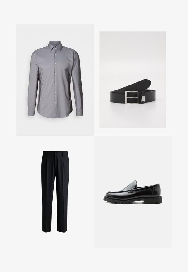 Graues Langarm-Hemd mit Knopfleiste, strukturiertem Kragen, vorderer Knopfleiste und glatter Textur. Hat eine leicht taillierte Passform.; Schwarze Hose aus glattem Stoff, mit geradem Bein-Design, Falten vorne und einem Knopfverschluss mit Gürtelschlaufen.; Schwarzer Lederloafer mit grober Gummisohle, genähter Oberseite und geprägtem Markennamen an der Ferse, seitlich auf weißem Hintergrund gezeigt.; Schwarzer Ledergürtel mit einer eleganten, glatten Textur, ausgestattet mit einer silbernen Metallschnalle und dezenten Branding-Elementen.