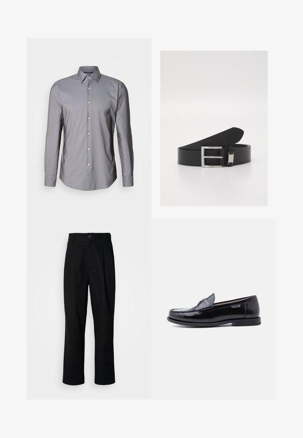 Camisa gris de manga larga con botones, con un cuello estructurado, cierre frontal de botones y una textura suave. Presenta un ajuste ligeramente entallado.; Pantalones rectos negros con cintura con botones, trabillas para cinturón y pliegue frontal, exhibidos sobre un fondo blanco liso.; Mocasines de cuero negro con acabado brillante, que presentan un diseño cosido en la puntera y una suela baja de goma negra texturizada.; Cinturón de cuero negro con una textura suave y elegante, que presenta una hebilla de metal plateado y un sutil detalle de marca.