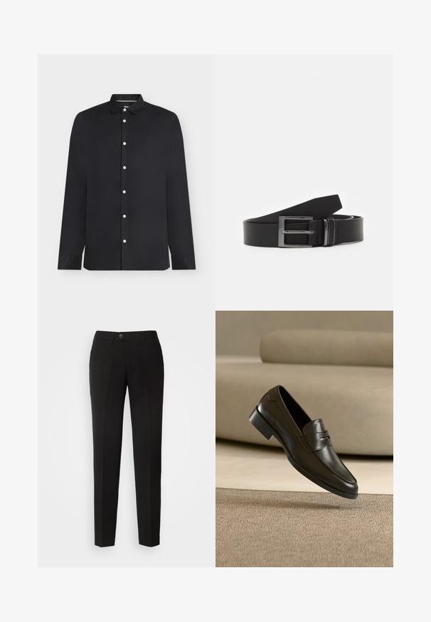 Chemise noire à manches longues boutonnée avec des boutons blancs et un petit logo brodé sur la poitrine gauche, présentée sur un fond blanc.; Pantalons droits noirs en tissu lisse, dotés d'une fermeture à bouton et de poches latérales avec un design classique.; Mocassin en cuir noir flottant au-dessus d'un tapis beige avec un canapé beige en arrière-plan, mettant en valeur le design classique pour hommes sans lacets.; Ceinture en cuir noir avec une boucle en métal argenté rectangulaire, au design plat et à la texture lisse. Les extrémités s'effilent pour un enfilage facile.