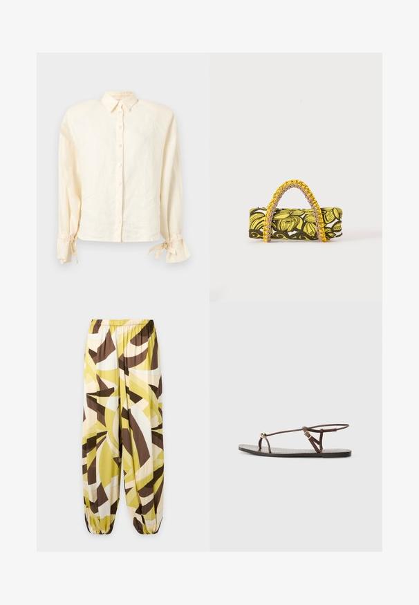 Chemise boutonnée crème à manches longues avec col pointu et nœuds noués aux poignets sur un fond clair.; Pantalon ample avec taille et poignets élastiques, présentant un motif abstrait dans des tons jaunes, marron, beige et blanc.; Sandale en cuir marron avec des fines lanières, un accent circulaire doré et une semelle plate. Design minimaliste avec un détail de boucle réglable.; Sac rectangulaire avec motif floral jaune et noir et anse tressée jaune et rose sur fond blanc.